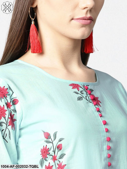 Turquoise Blue Printed 3/4Th Sleeve Cotton Anarkali Kurta With Printed Palazzo