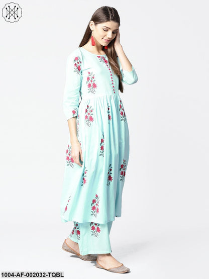 Turquoise Blue Printed 3/4Th Sleeve Cotton Anarkali Kurta With Printed Palazzo