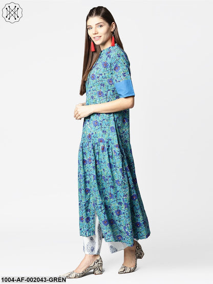 Green Printed Half Sleeve Centre Slit A-Line Kurta With Printed Palazzo Set