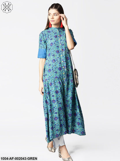Green Printed Half Sleeve Centre Slit A-Line Kurta With Printed Palazzo Set
