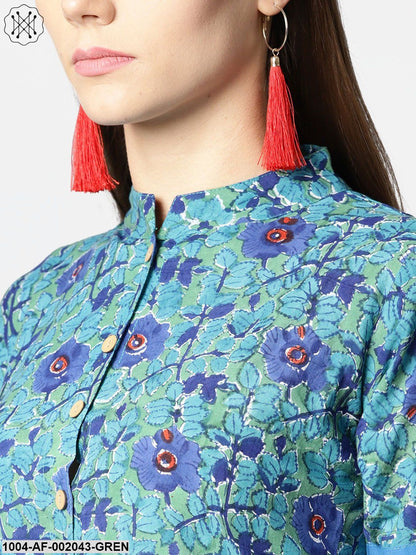 Green Printed Half Sleeve Centre Slit A-Line Kurta With Printed Palazzo Set