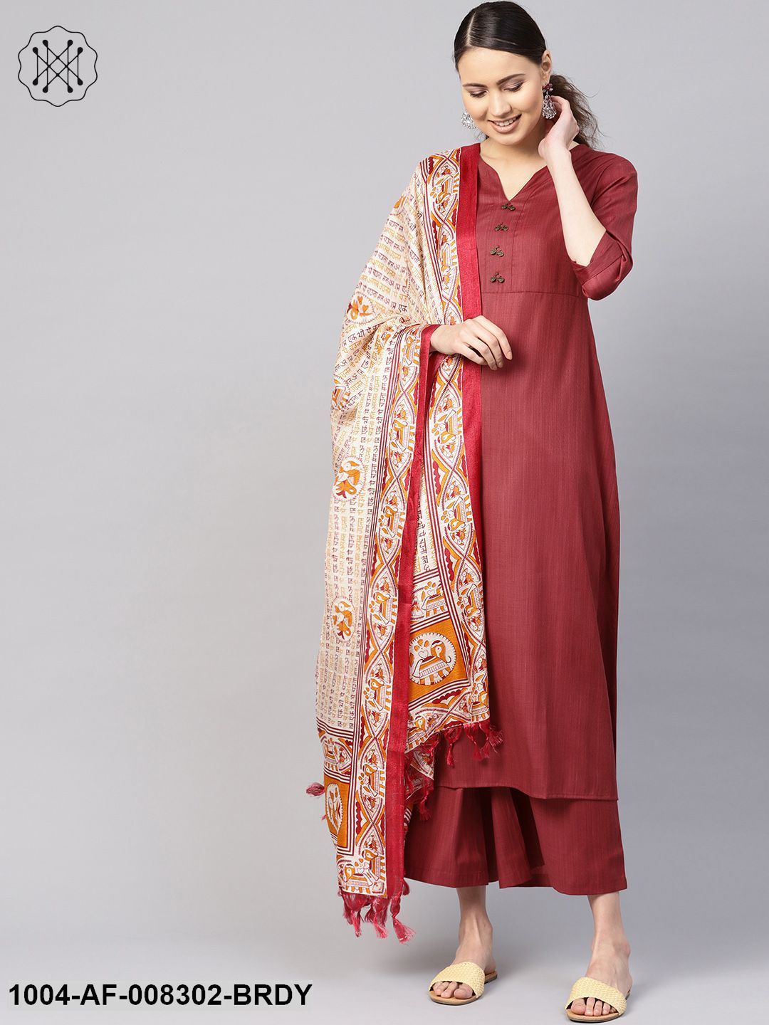 Burgundy Round Neck With V-Slit 3/4Th Sleeves A-Line Kurta With Palazzos And Printed Dupatta.