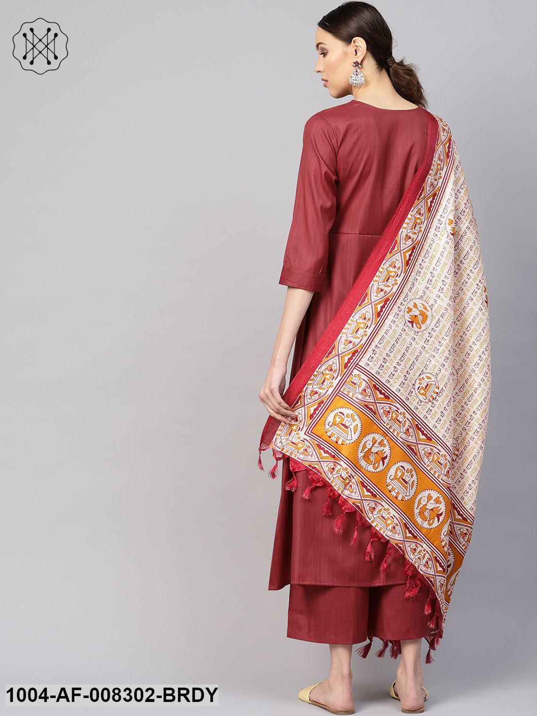 Burgundy Round Neck With V-Slit 3/4Th Sleeves A-Line Kurta With Palazzos And Printed Dupatta.