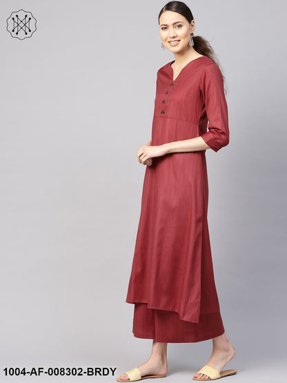 Burgundy Round Neck With V-Slit 3/4Th Sleeves A-Line Kurta With Palazzos And Printed Dupatta.