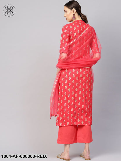 Coral Gold Printed Collared Elbow Sleeve Straight Kurta With Palazzo And Dupatta.
