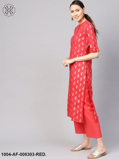 Coral Gold Printed Collared Elbow Sleeve Straight Kurta With Palazzo And Dupatta.