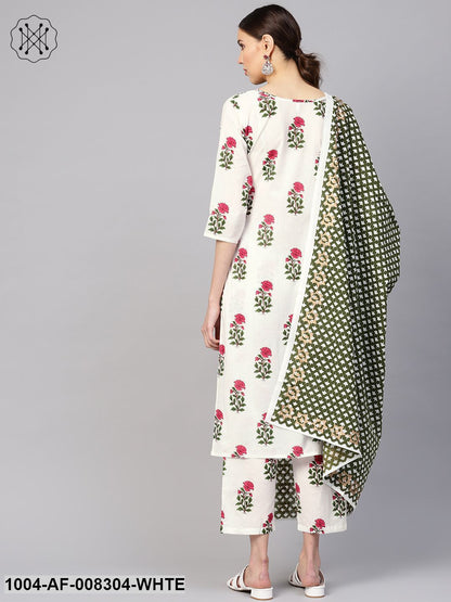 White Floral Printed Round Neck Straight Kurta With Pants And Green Gold Printed Dupatta.