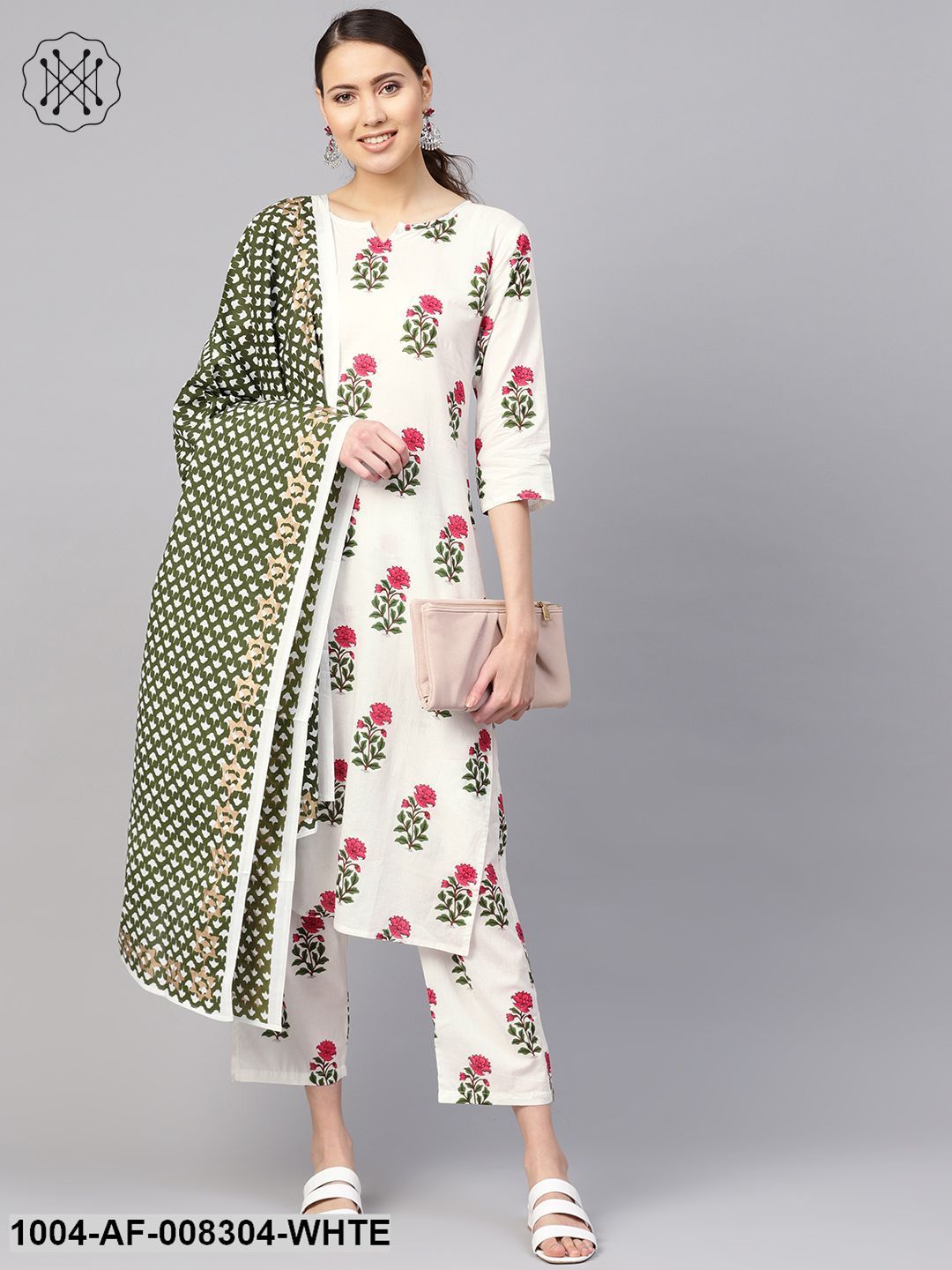 White Floral Printed Round Neck Straight Kurta With Pants And Green Gold Printed Dupatta.
