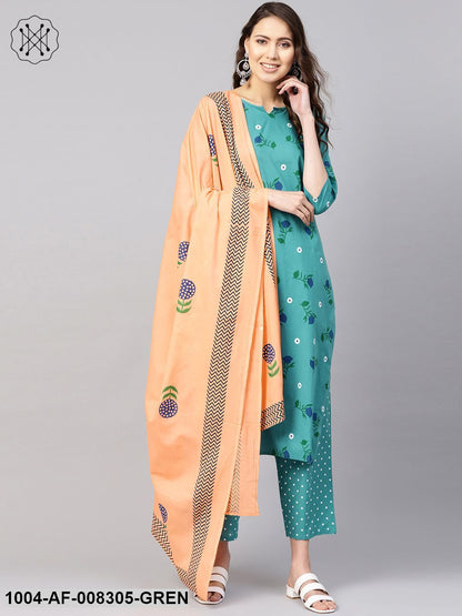 Rama Green Floral Printed Round Neck With V-Slit 3/4Th Sleeves Straight Kurta With Pants And Peach Printed Dupatta