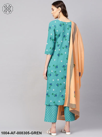 Rama Green Floral Printed Round Neck With V-Slit 3/4Th Sleeves Straight Kurta With Pants And Peach Printed Dupatta