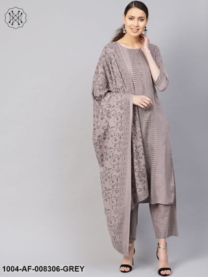 Grey Geometrical Block Printed Round Neck 3/4Th Sleeve Straight Kurta With Pants And Floral Printed Dupatta.