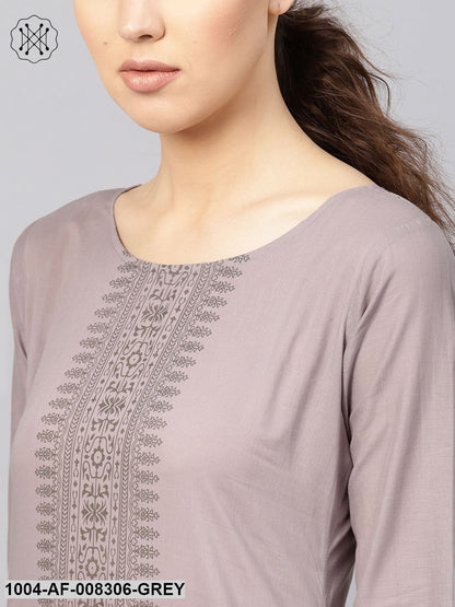 Grey Geometrical Block Printed Round Neck 3/4Th Sleeve Straight Kurta With Pants And Floral Printed Dupatta.