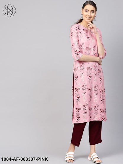 Baby Pink And Maroon Floral Printed Round Neck With Slit 3/4Th Sleeve Straight Kurta With Ciggratte Pants.