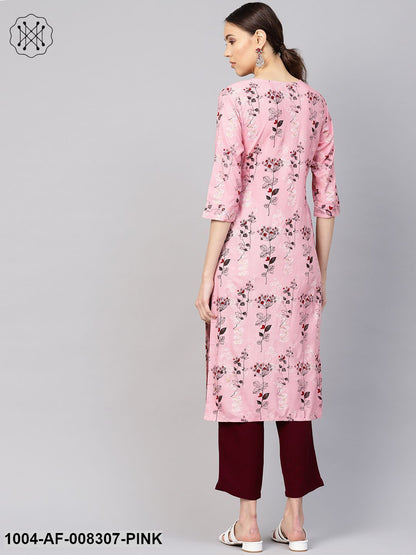 Baby Pink And Maroon Floral Printed Round Neck With Slit 3/4Th Sleeve Straight Kurta With Ciggratte Pants.