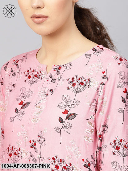 Baby Pink And Maroon Floral Printed Round Neck With Slit 3/4Th Sleeve Straight Kurta With Ciggratte Pants.