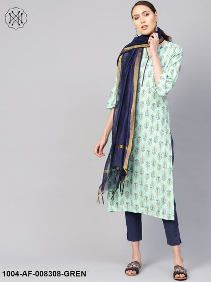Sea Green And Blue Printed 3/4Th Sleeve Straight Kurta With Ciggratte Pants And Dupatta.