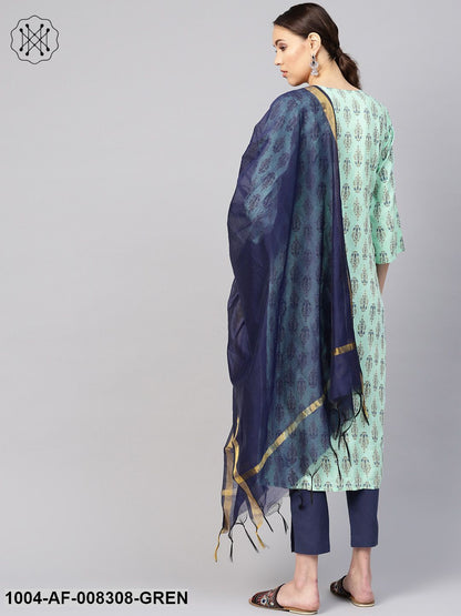 Sea Green And Blue Printed 3/4Th Sleeve Straight Kurta With Ciggratte Pants And Dupatta.