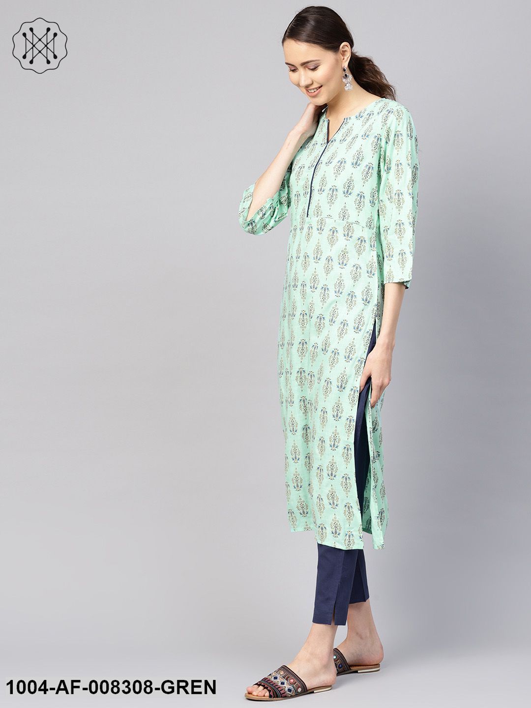 Sea Green And Blue Printed 3/4Th Sleeve Straight Kurta With Ciggratte Pants And Dupatta.