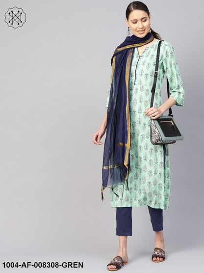 Sea Green And Blue Printed 3/4Th Sleeve Straight Kurta With Ciggratte Pants And Dupatta.