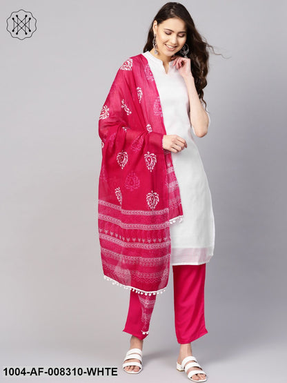 White And Pink 3/4Th Embroidered Sleeve Straight Kurta With Pants And Printed Dupatta.