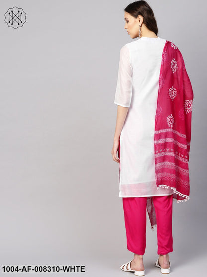 White And Pink 3/4Th Embroidered Sleeve Straight Kurta With Pants And Printed Dupatta.