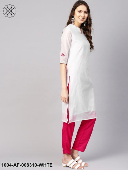 White And Pink 3/4Th Embroidered Sleeve Straight Kurta With Pants And Printed Dupatta.