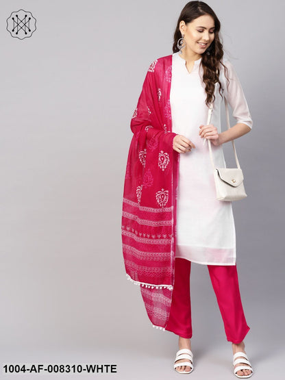 White And Pink 3/4Th Embroidered Sleeve Straight Kurta With Pants And Printed Dupatta.