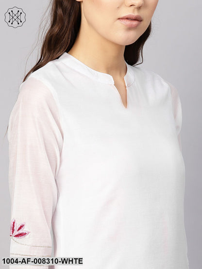 White And Pink 3/4Th Embroidered Sleeve Straight Kurta With Pants And Printed Dupatta.