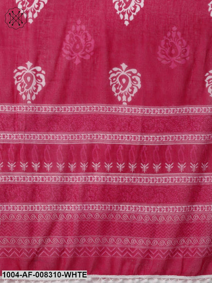 White And Pink 3/4Th Embroidered Sleeve Straight Kurta With Pants And Printed Dupatta.