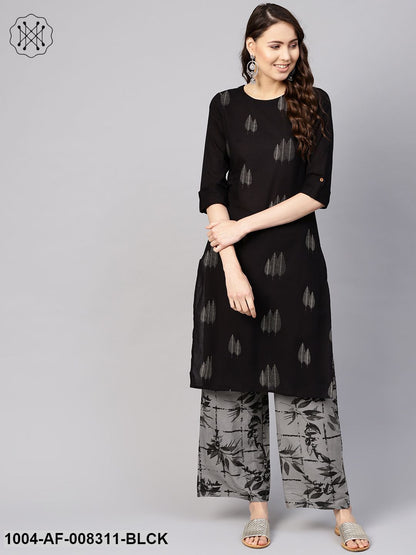 Black Gold Printed Round Neck 3/4Th Sleeves Straight Kurta With Palazzo