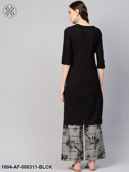 Black Gold Printed Round Neck 3/4Th Sleeves Straight Kurta With Palazzo