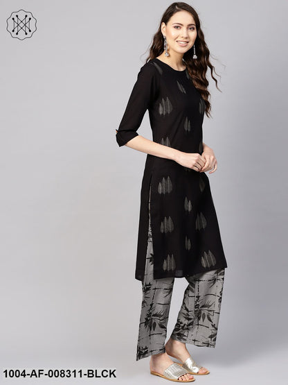 Black Gold Printed Round Neck 3/4Th Sleeves Straight Kurta With Palazzo