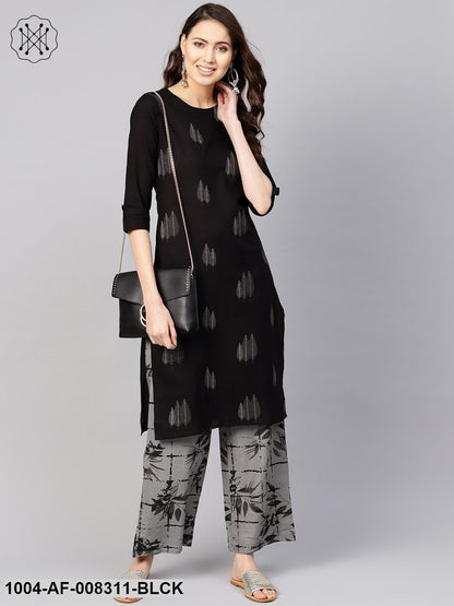 Black Gold Printed Round Neck 3/4Th Sleeves Straight Kurta With Palazzo