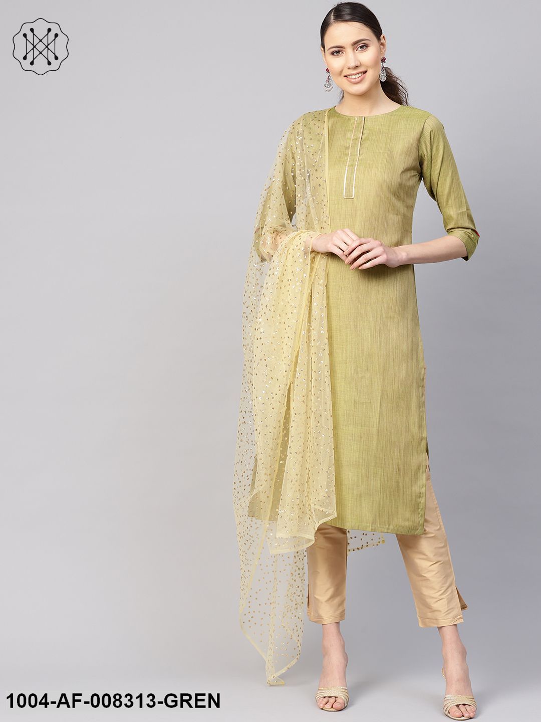Mehendi Green And Beige 3/4Th Sleeves Straight Kurta With Pants And White Sequenced Dupatta.