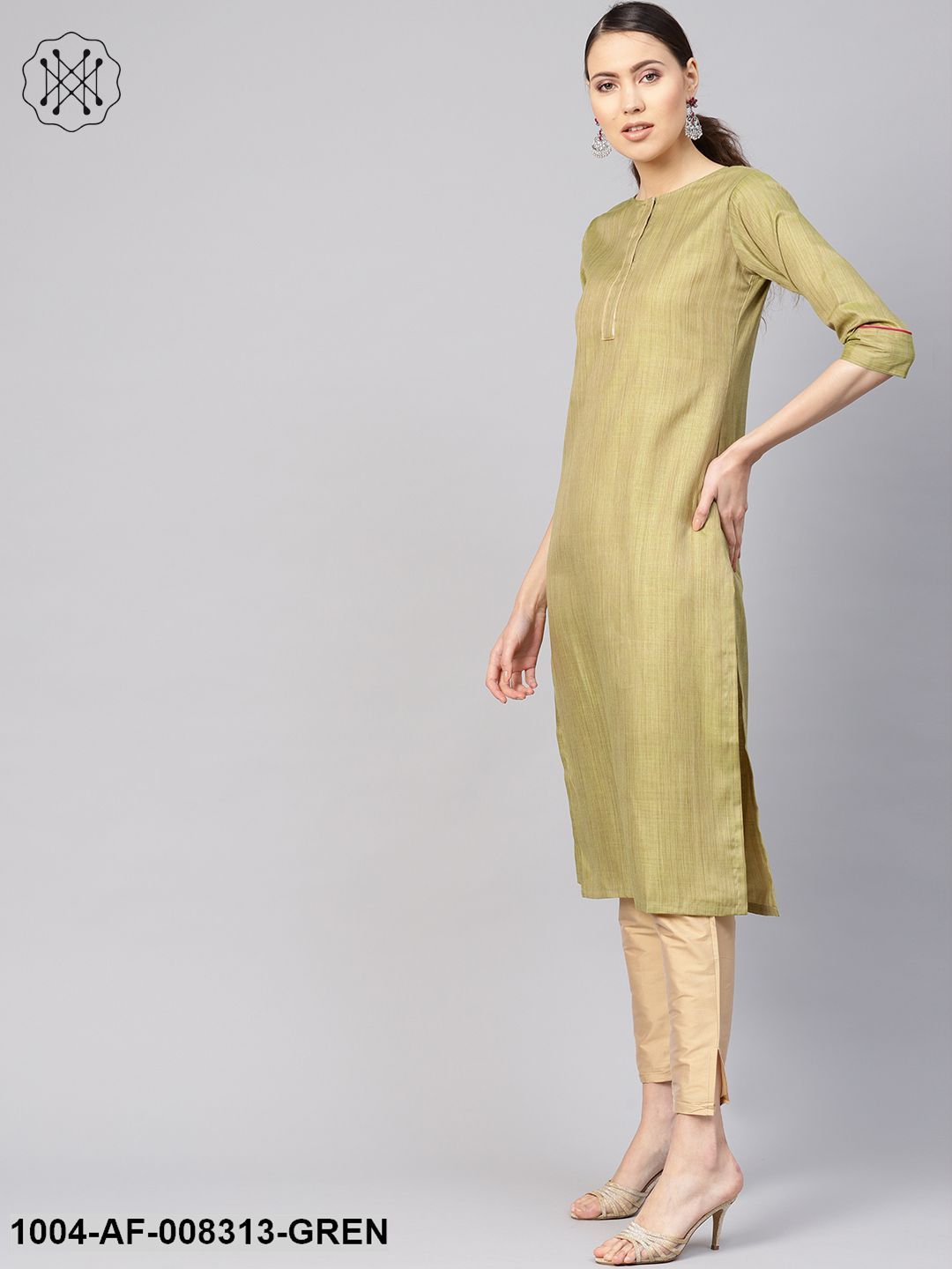 Mehendi Green And Beige 3/4Th Sleeves Straight Kurta With Pants And White Sequenced Dupatta.