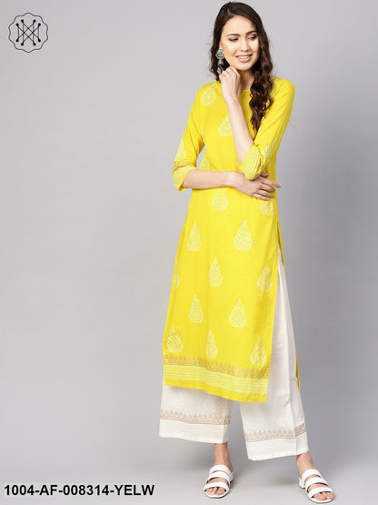 Yellow And White Block Printed Round Neck With V-Slit 3/4Th Sleeves Straight Kurta With Palazzo.