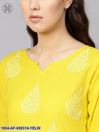 Yellow And White Block Printed Round Neck With V-Slit 3/4Th Sleeves Straight Kurta With Palazzo.
