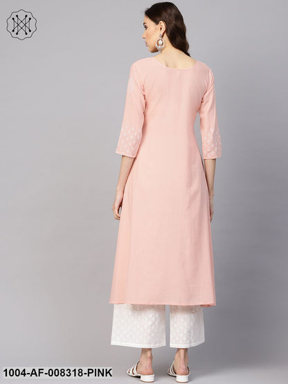 Peach And White Block Printed Round Neck 3/4Th Sleeves A-Line Kurta With Pants