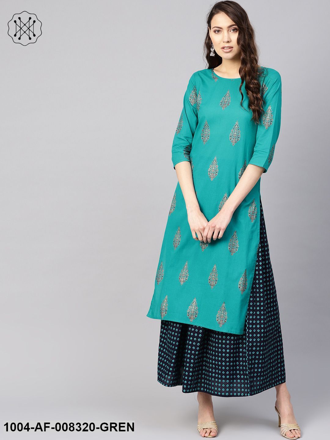 Green Gold Printed Round Neck 3/4Th Sleeves Straight Kurta With Black Printed Skirt.