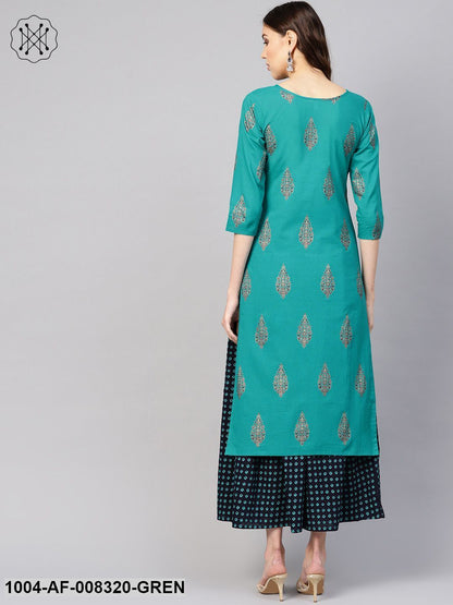 Green Gold Printed Round Neck 3/4Th Sleeves Straight Kurta With Black Printed Skirt.