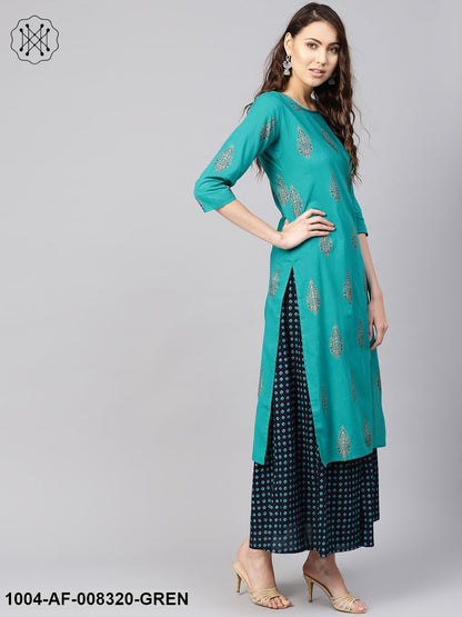Green Gold Printed Round Neck 3/4Th Sleeves Straight Kurta With Black Printed Skirt.