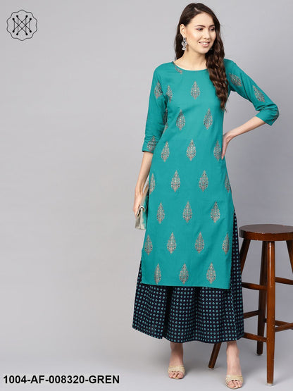 Green Gold Printed Round Neck 3/4Th Sleeves Straight Kurta With Black Printed Skirt.