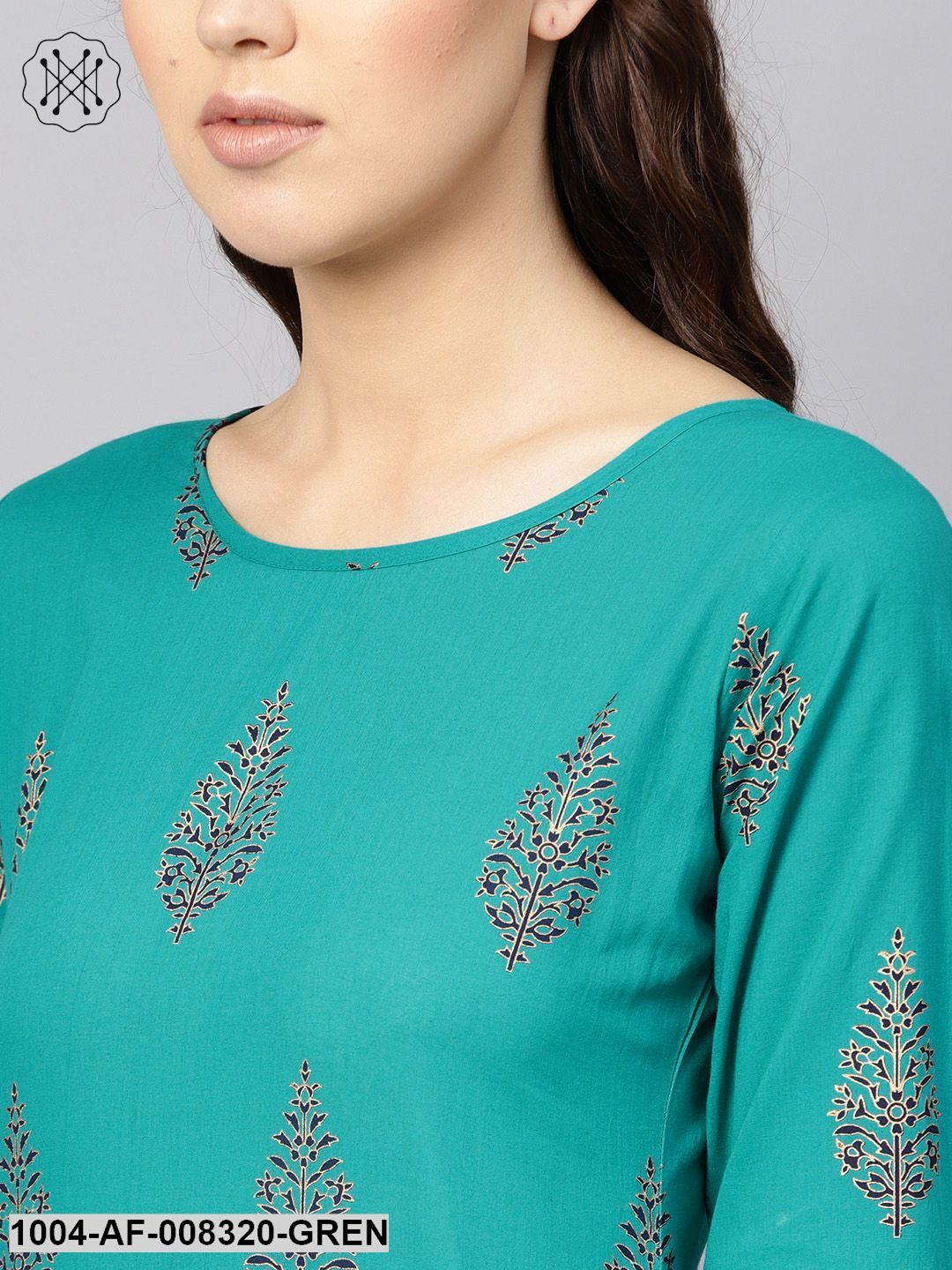 Green Gold Printed Round Neck 3/4Th Sleeves Straight Kurta With Black Printed Skirt.
