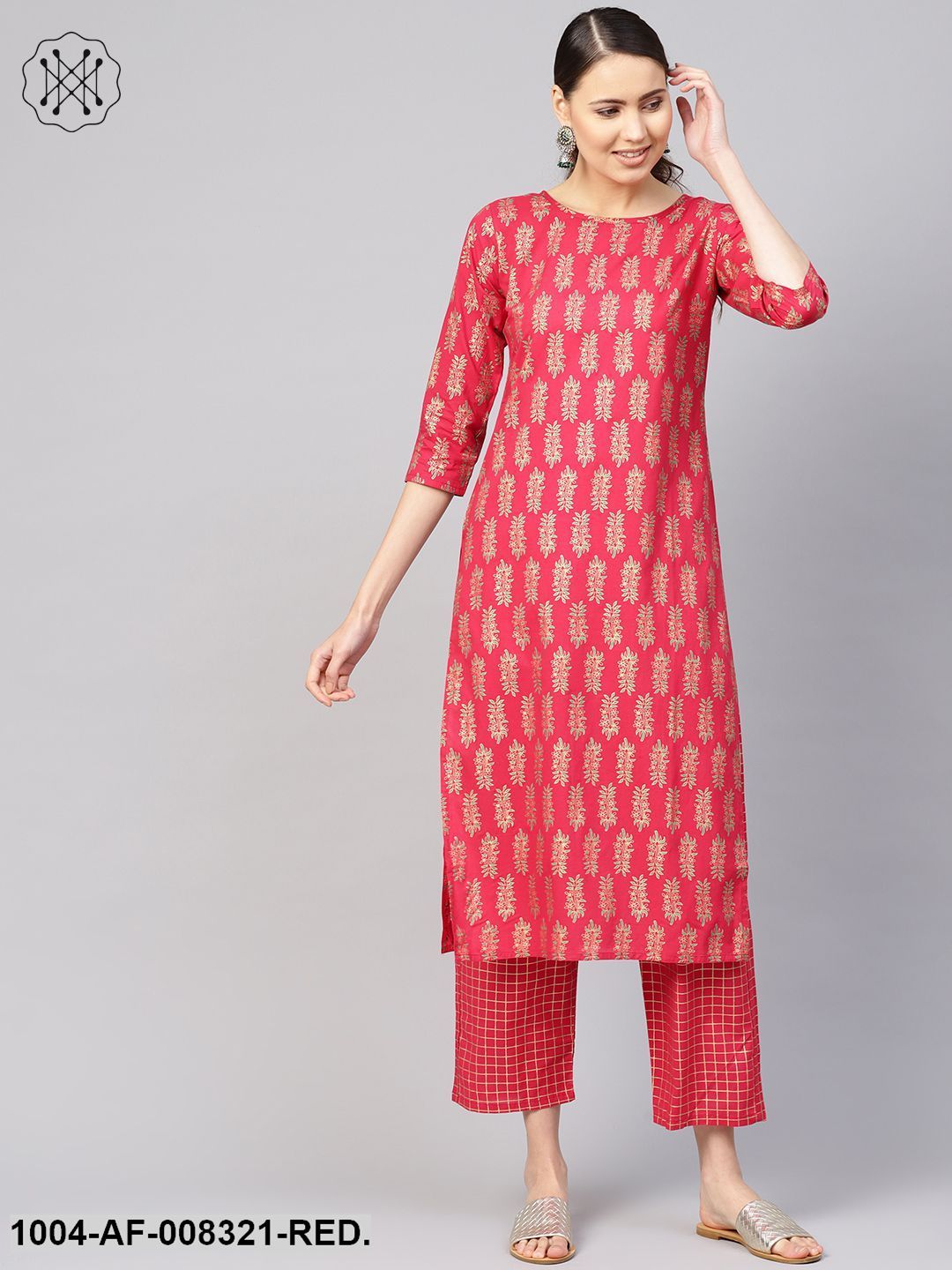 Coral Gold Floral Printed Round Neck 3/4Th Sleeves Straight Kurta With Pants.
