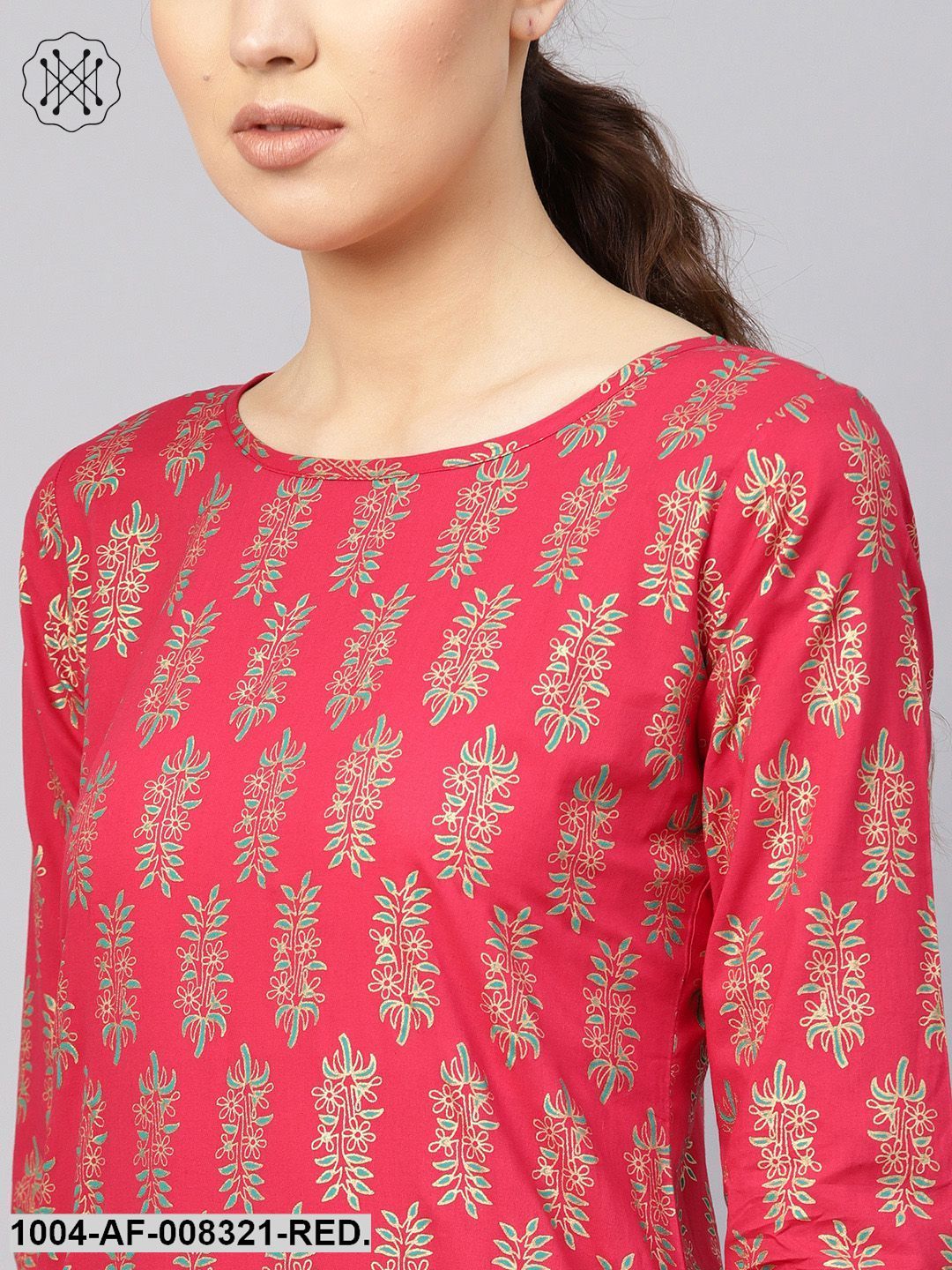 Coral Gold Floral Printed Round Neck 3/4Th Sleeves Straight Kurta With Pants.