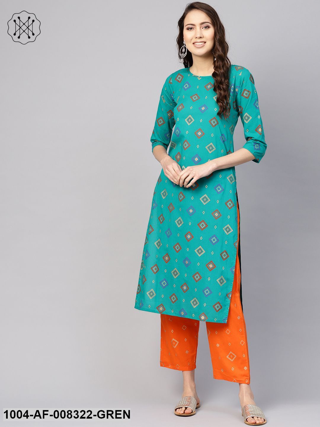 Rama Green And Orange Geometric Printed Round Neck 3/4Th Sleeves Straight Kurta With Pants.