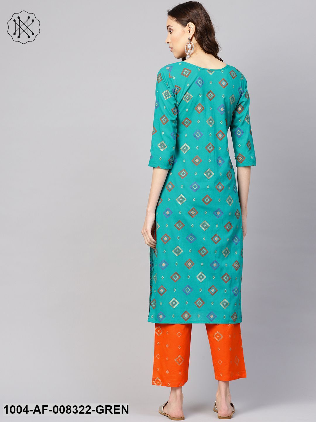 Rama Green And Orange Geometric Printed Round Neck 3/4Th Sleeves Straight Kurta With Pants.