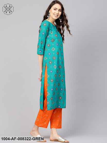 Rama Green And Orange Geometric Printed Round Neck 3/4Th Sleeves Straight Kurta With Pants.