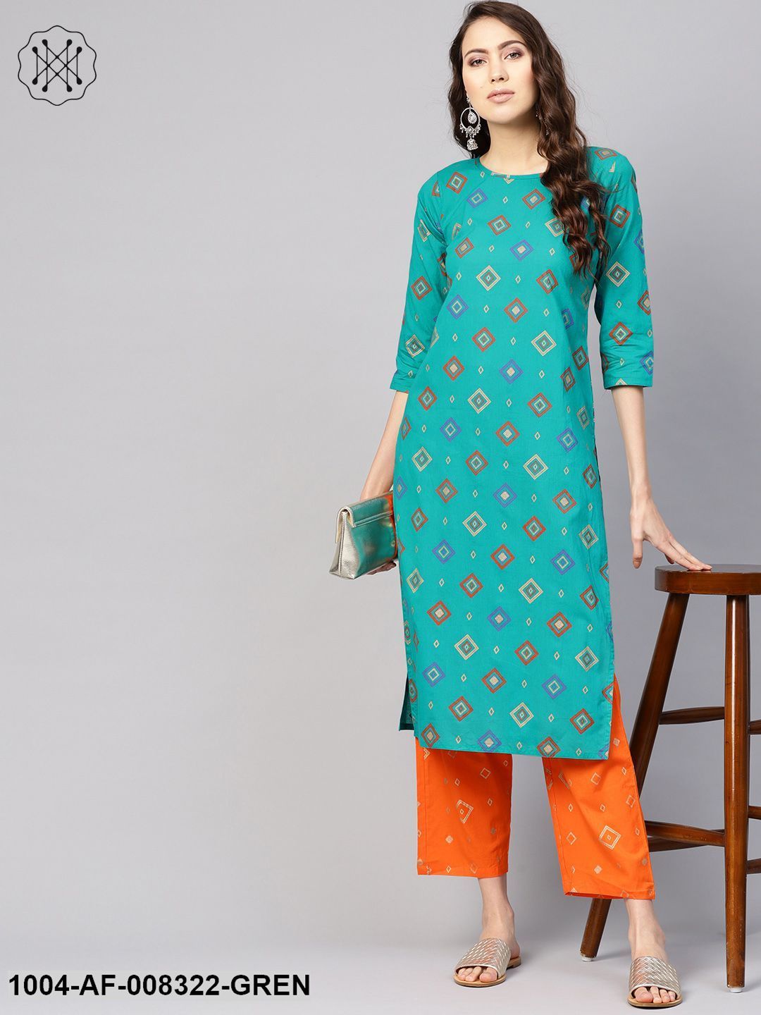 Rama Green And Orange Geometric Printed Round Neck 3/4Th Sleeves Straight Kurta With Pants.