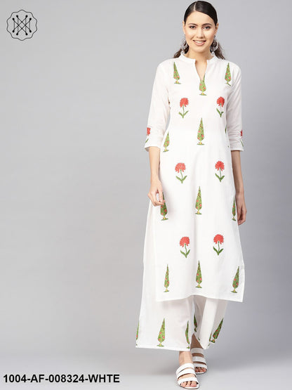 White Printed 3/4Th Sleeves Staright Kurta With Pants.
